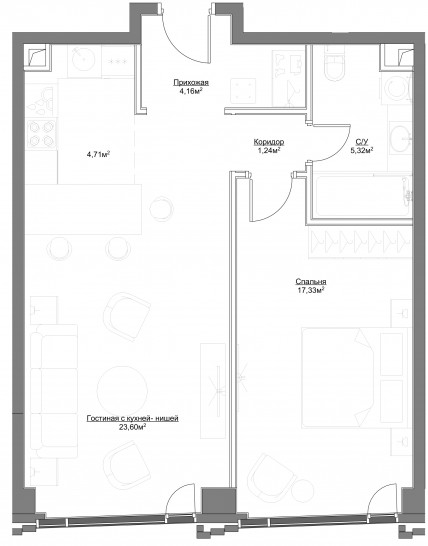 Двухкомнатная квартира 56.36 м²