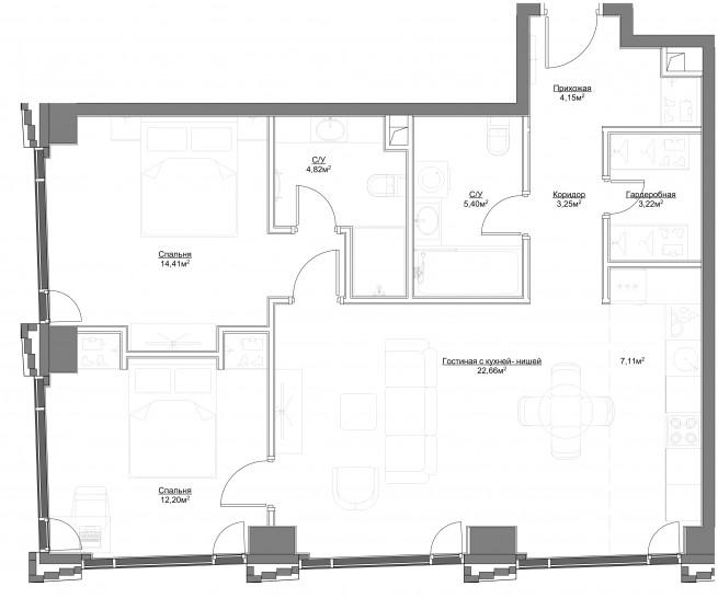 Трёхкомнатная квартира 77.22 м²