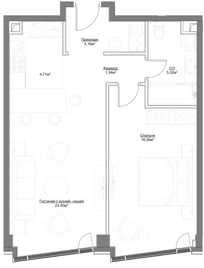 Двухкомнатная квартира 57.29 м²