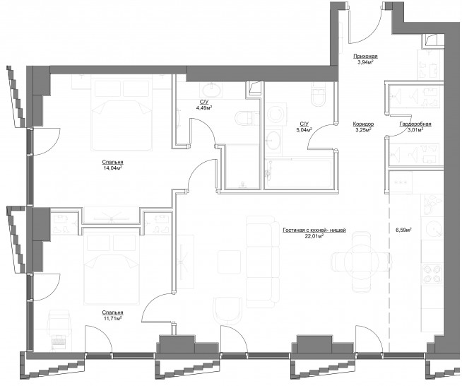 Трёхкомнатная квартира 74.08 м²