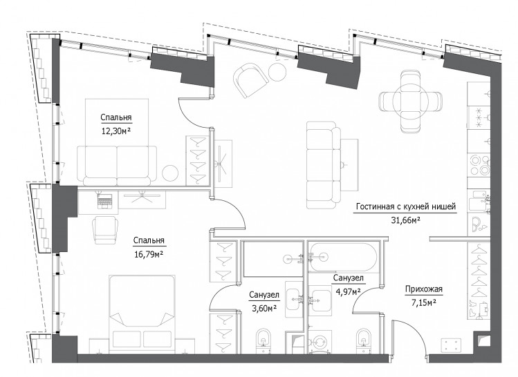 Трёхкомнатная квартира 76.47 м²