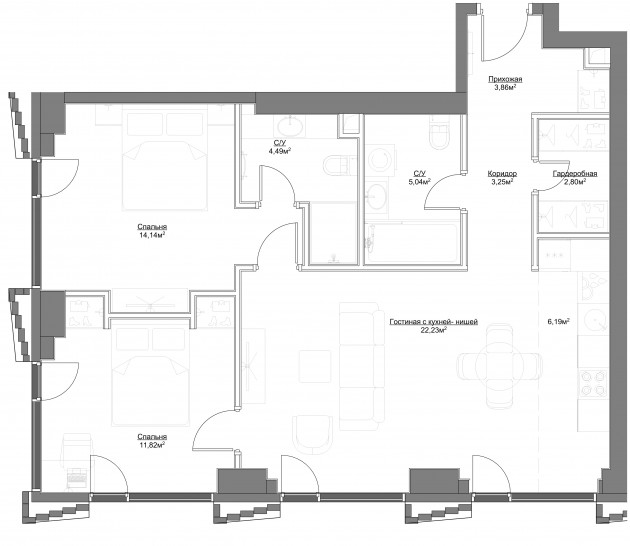 Трёхкомнатная квартира 73.82 м²