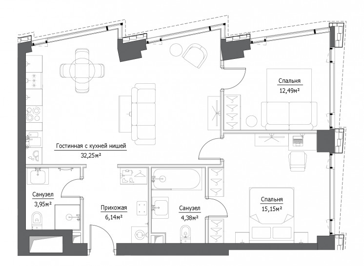 Трёхкомнатная квартира 74.36 м²