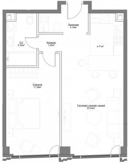 Двухкомнатная квартира 56.37 м²