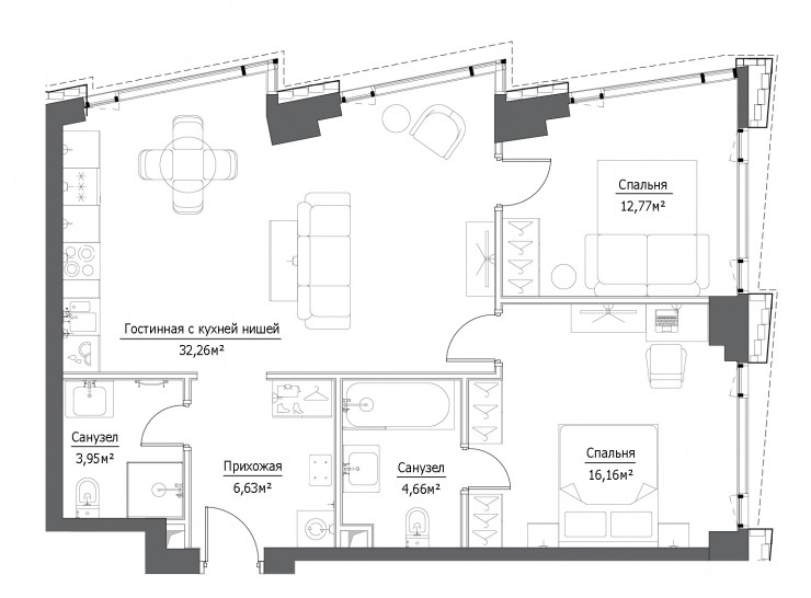 Трёхкомнатная квартира 76.43 м²