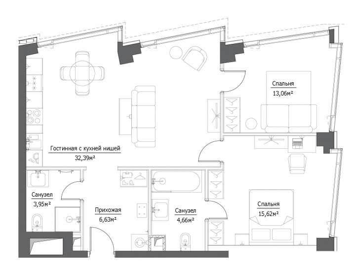 Трёхкомнатная квартира 76.31 м²