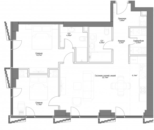 Трёхкомнатная квартира 73.6 м²